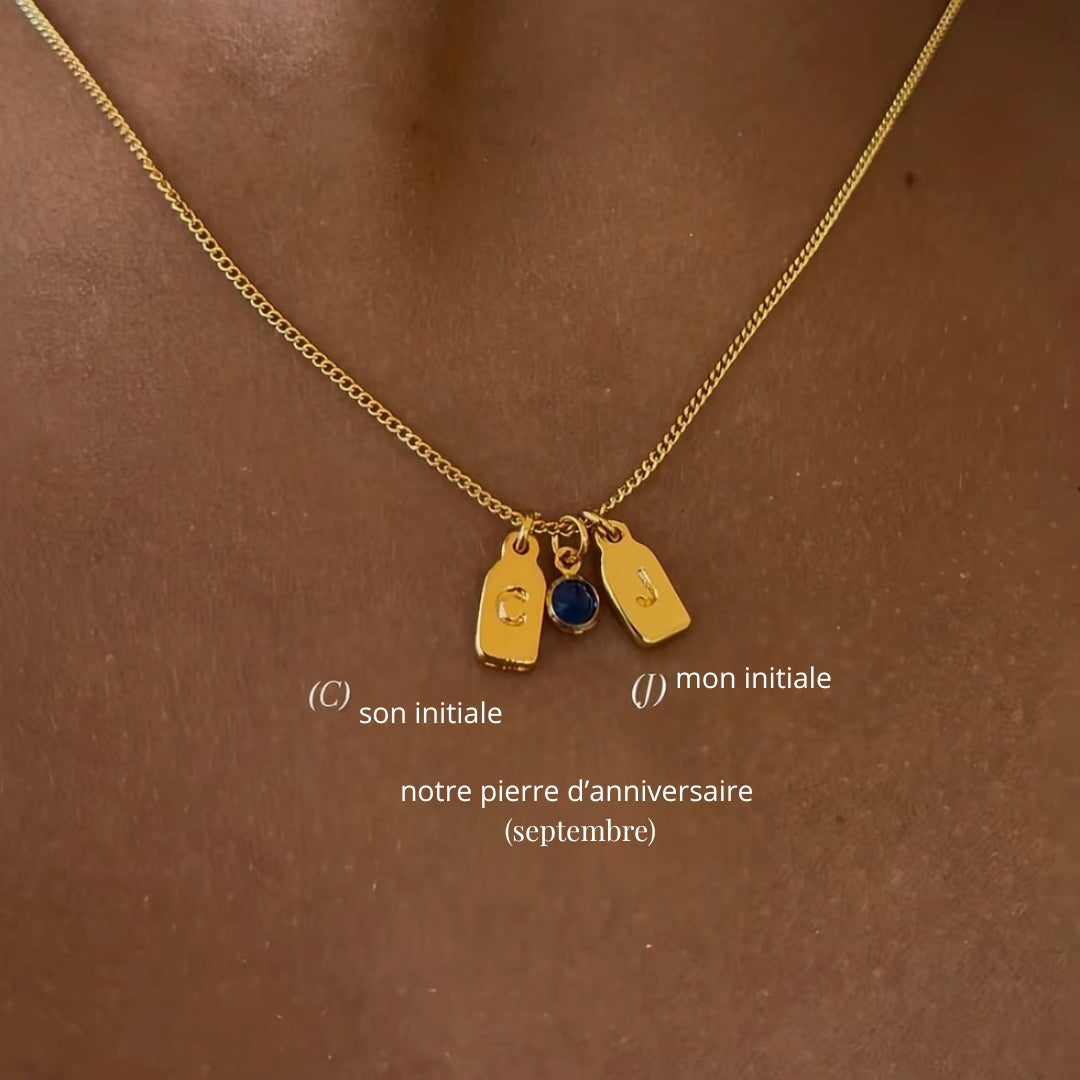 Collier à initiales + pierre d’anniversaire